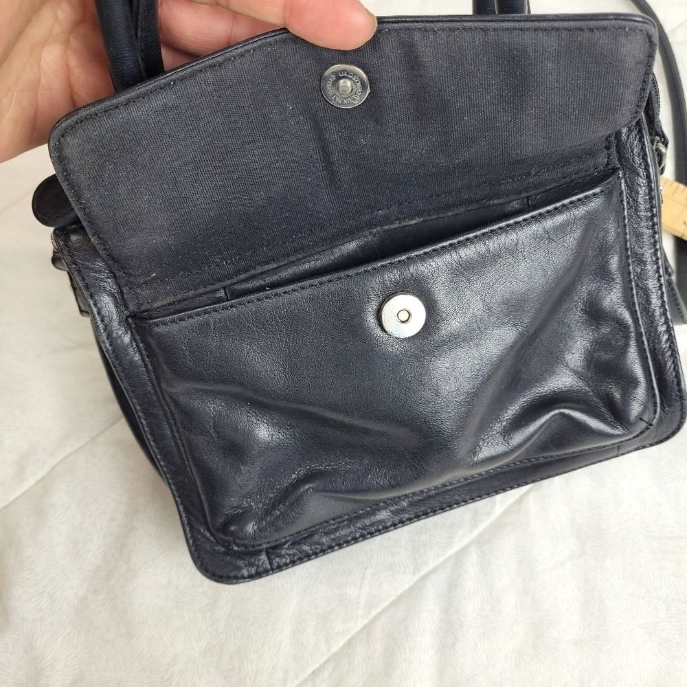 Small Black Leather Cross Body Compact purse handles long strap office classic - Picture 7 of 13